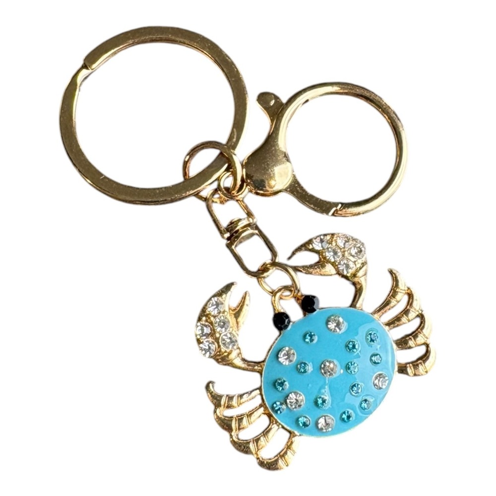 Women's Gold Blue Crab Charm Key Chain 3" Rhinestone Enamel Lobster Clasp